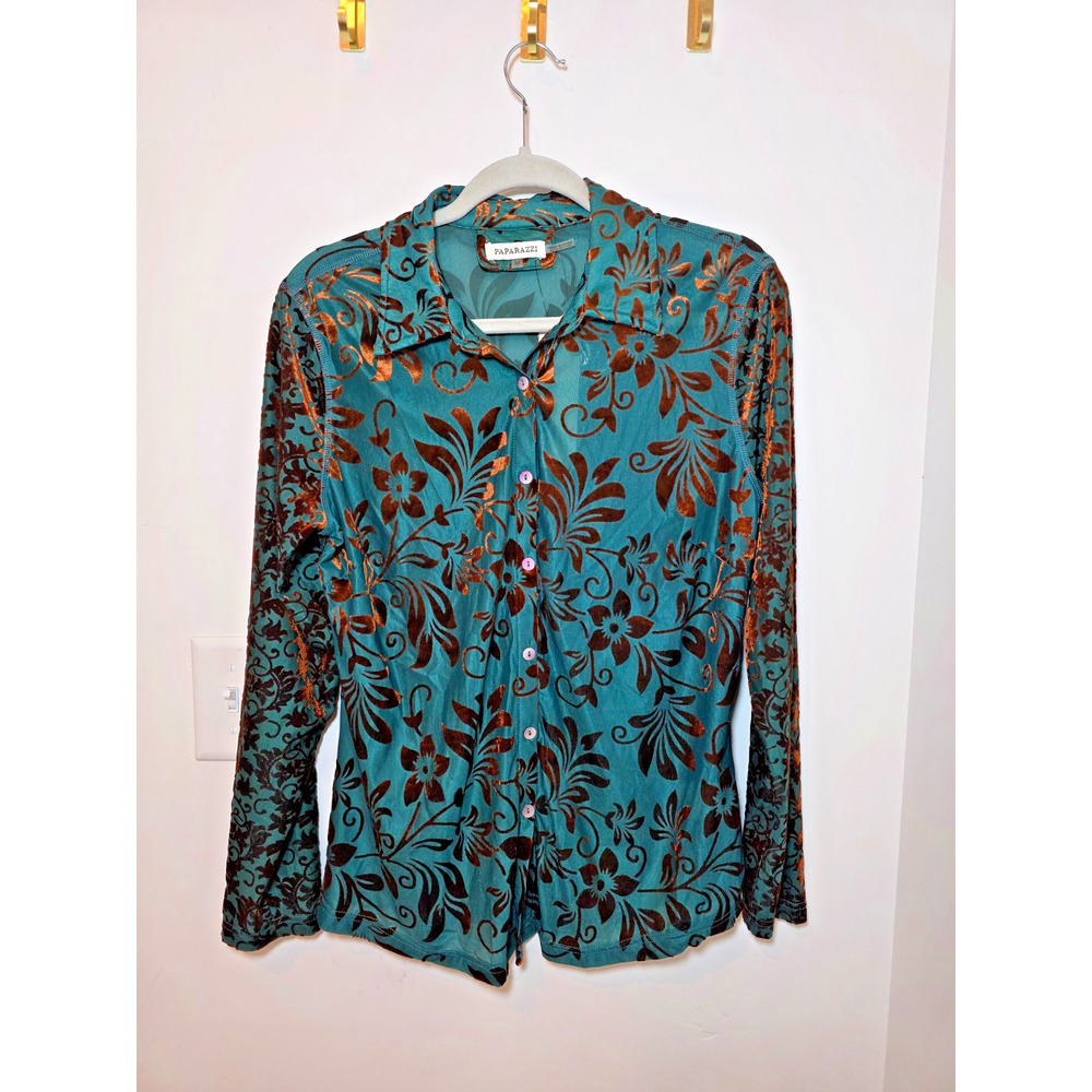 Paparazzi Shirt Womens Medium Green Floral Velvet Burnout Button Front Shirt New